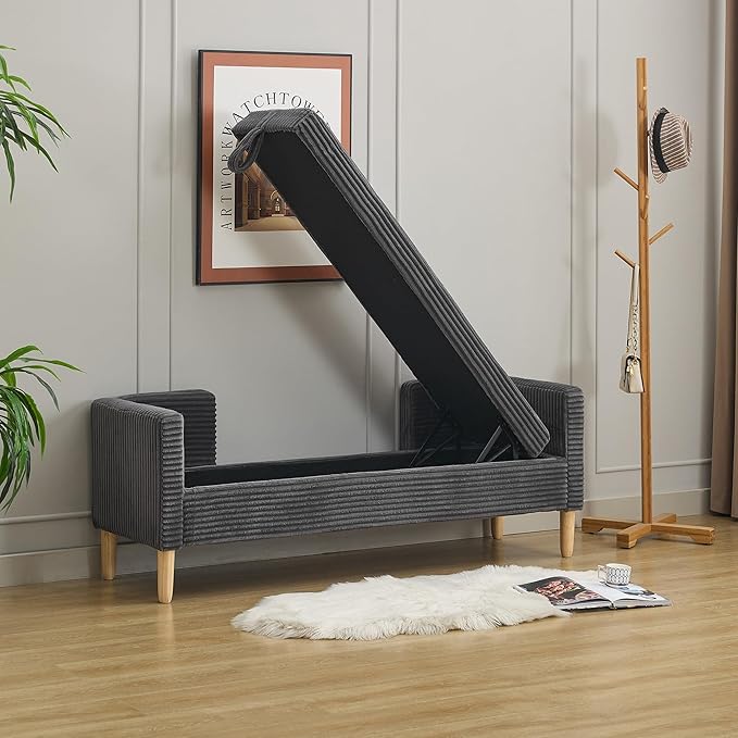 65.35"Wide Upholstered Flip-top Storage Accent Bed Bench, Corduroy Footrest Ottoman with Armrests&Backrest&2 Bolster Pillows Wood Legs for Living Room, End of Bed, Hallway, Entryway Bedroom. Charcoa