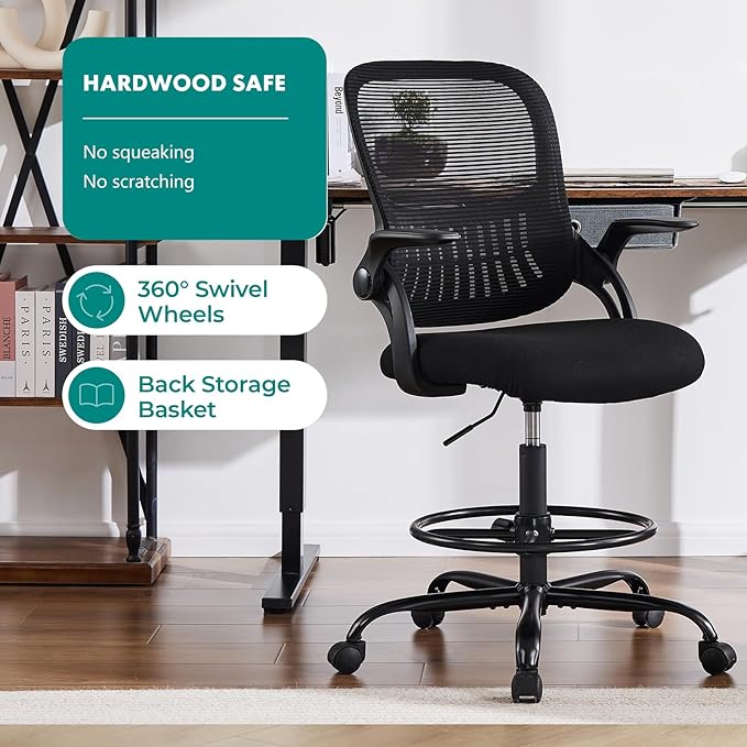 DUMOS Drafting Chair for Standing Desk, Counter Height Adjustable, Flip-up Arms, Ergonomic Mid Back Mesh Rolling Work Swivel Office Computer Chairs with Wheels, Black