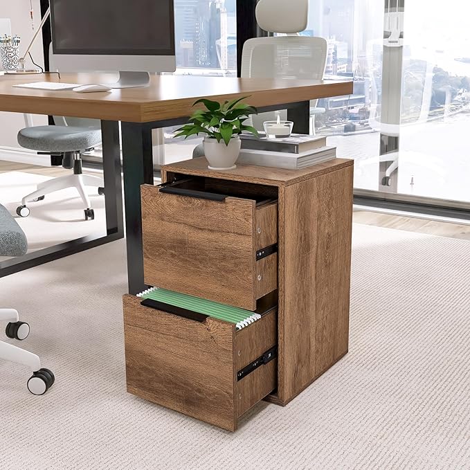Wooden 2 Drawer File Cabinet, Wood Vertical Filing Cabinet Fits Hanging Files Letter Size for Home Office, Brown