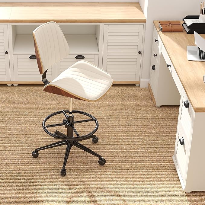 Drafting Home Office Chair, Swivel Desk Chair with Bend Wood Backrest, Ergonomic Office Chairs with Adjustable Height and Footrest Ring for Bar Lab Counter Height Desk and Drawing (Ivory)