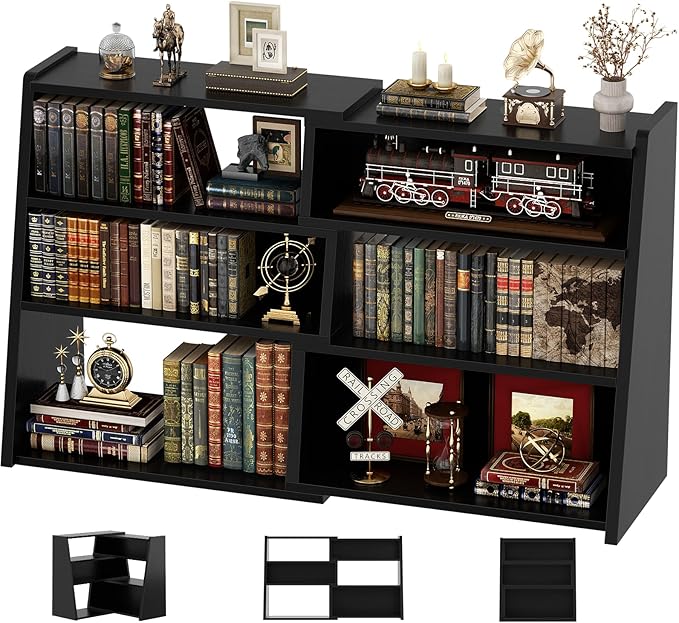 Armocity Expandable Bookshelf, Short Corner Bookshelf for Small Spaces, Small Ladder Book Shelf, Extendable Wood Narrow Bookcase for Living Room, Bedroom, 4 Tier, Black