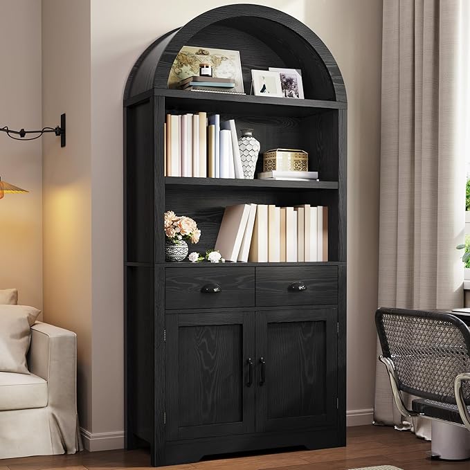 YITAHOME Arched Bookshelf, 71" Tall Bookcase with Drawers Arched Bookcase with Storage, Bookshelf Display Storage Rack with Adjustable Shelves for Living Room, Office, Black