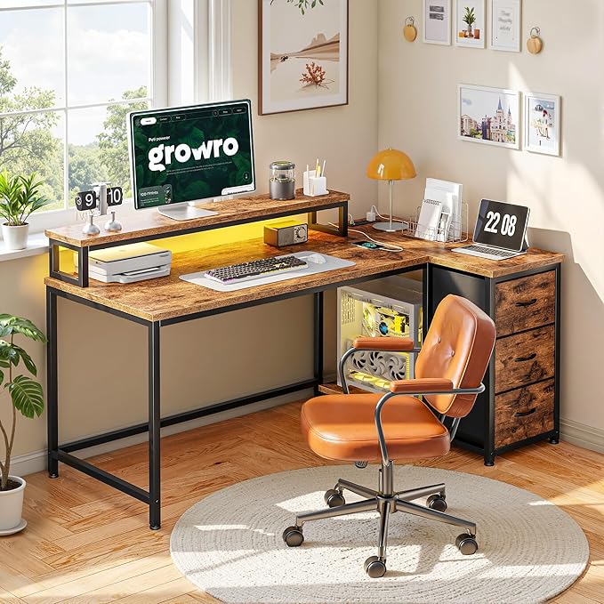 EnHomee L Shaped Gaming Desk with Monitor Stand & 3 Drawers, 48 Inch Computer Desk with Power Outlet Reversible Office Desk with LED Lights for Gaming, Study Room, Home Office, Rustic Brown