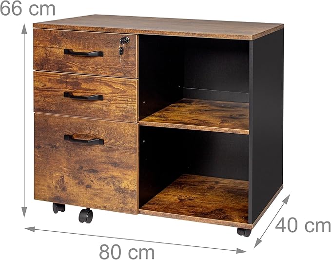 Relaxdays Mobile Filing Cabinet with 3 Drawers, 2 Shelves, Lockable, 4 Wheels, Office Storage, Brown/Black, 66x80x40 cm