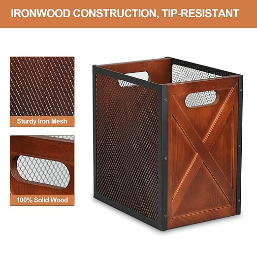 Rustic Office Trash Can - Rectangular Waste Basket with Iron Mesh, 4.5 Gallon Wooden Garbage Can, Bathroom Garbage Bin with Handles, Decorative Trash Can for Home Office Bedroom