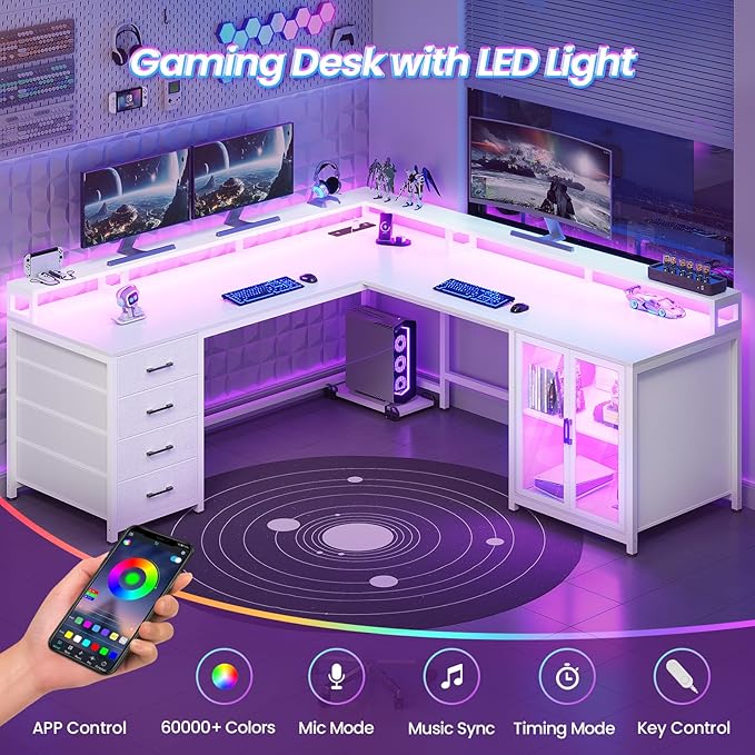 SEDETA L Shaped Gaming Desk with 4 Drawers, 109” Computer Desk with Display Cabinet, Home Office Desks with 2 Monitor Stands, CPU Stand, LED Lights and Power Outlet, White