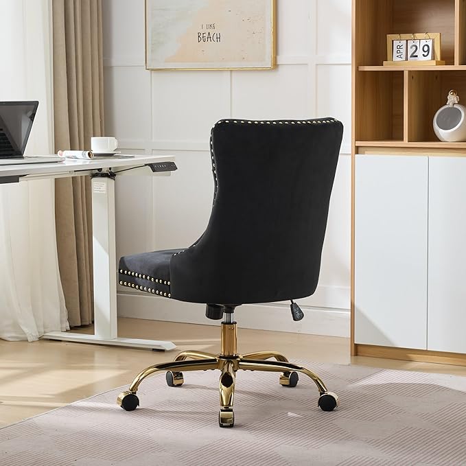 Goujxcy Desk Chair, Modern Velvet Upholstered Tufted Button Home Office Chair, 360° Swivel Armless Desk Chairs, 120°Rocking Ergonomic Computer Task Vanity Chairs, Black