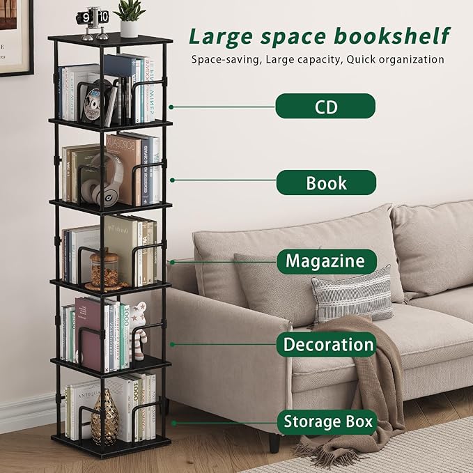 5-Tier Rotating Bookshelf, Freestanding Corner Bookshelf Industrial Style Storage Rack with Rails, for Living Room, Bedroom,