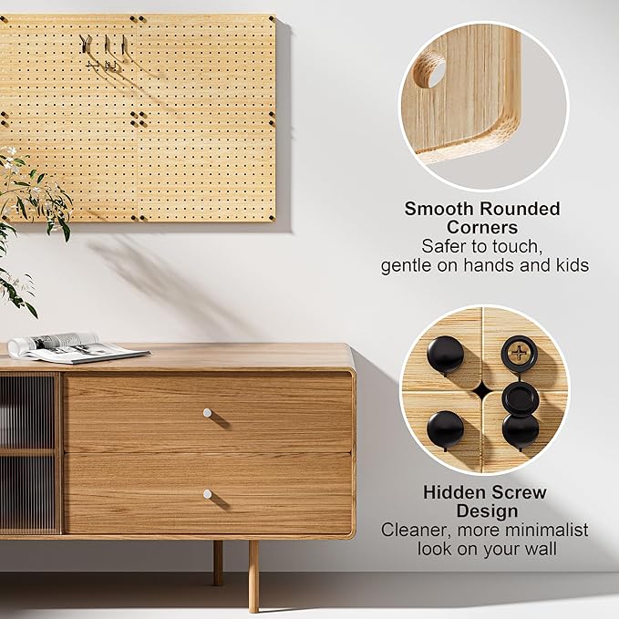VOIMO Bamboo Pegboard Organizer Set, 6 Panels (16"x12") with 48 Hooks – Eco-Friendly Wall Mounted Storage Rack for Tools, Crafts & Office – Natural Bamboo Pegboard System with Accessories