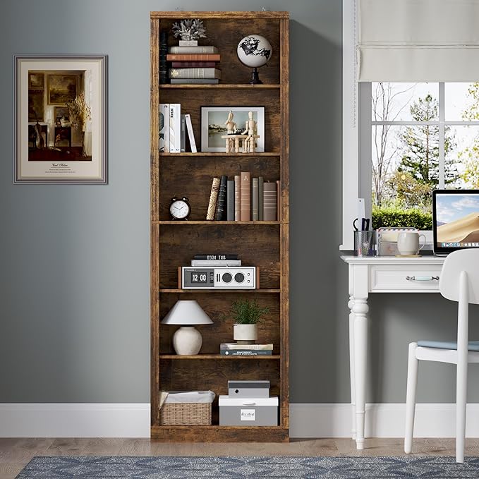 BORNOON 75" Tall Bookshelf, 6-Tier Floor Standing Bookcase with 2 Adjustable Shelves, 24" Wide Open Storage Shelf, Modern Display Organizer for Home Office, Living Room, Bedroom, Study