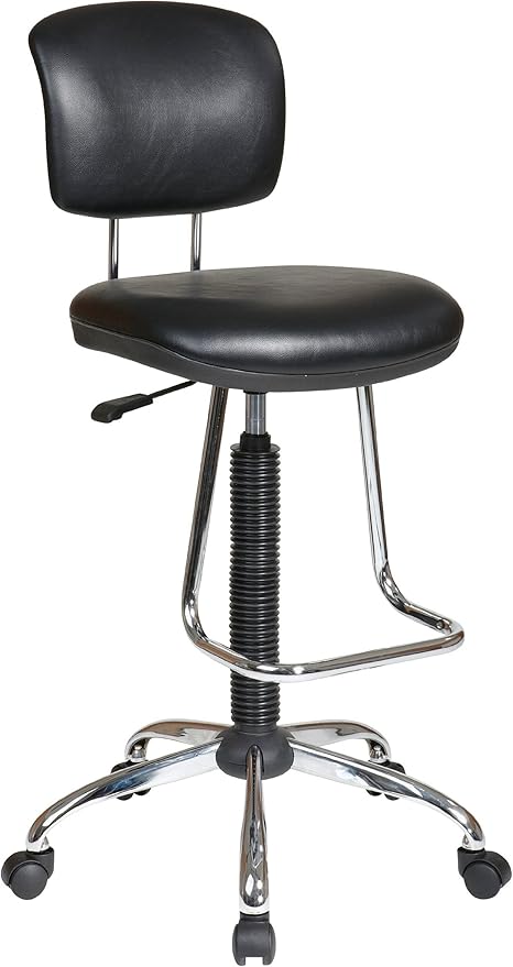 Office Star DC Series Pneumatic Drafting Chair with Vinyl Stool and Back, Heavy Duty Chrome Teardrop Footrest, Black