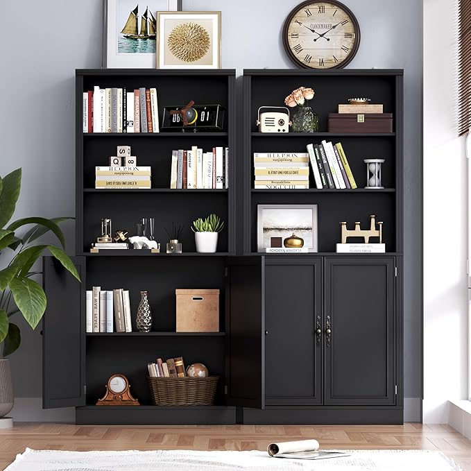 BORNOON 70.1" Tall Bookshelf with Cabinet, 5-Tier Floor Standing Bookcase with Doors & Adjustable Shelves, 31.5" Wide Storage Shelf, Metal Handles, Modern Organizer for Home Office, Living Room