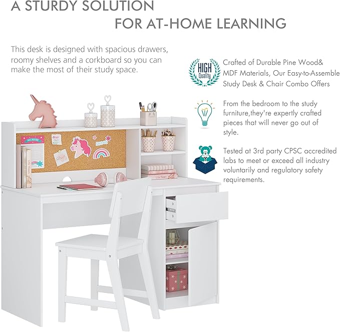 UTEX Kids Study Desk with Chair, Kids Desk and Chair Sets with Hutch for 5-12, Wooden Children Study Table, Student Writing Table Computer Workstation