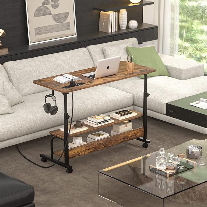 Armocity Rolling Standing Desk with Power Outlets, 39" Manual Height Adjustable Mobile Computer Desk with Wheels, Small Portable Sit Stand Laptop Couch Table for Bed & Sofa Home Office, Rustic Brown