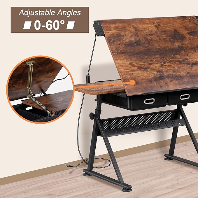 ZENY Adjustable Drafting Table with Stool, Tilting Drawing Desk Artist Table with Storage Drawers, Art Craft Workstation for Home Office Reading, Writing, Crafting