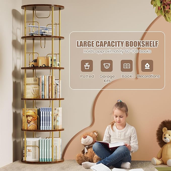 Flycity 5 Tier Rotating Bookshelf, 360° Corner Bookshelf Tower, Round Revolving Bookcase with Special Visible Partition Storage, Narrow Book Shelf Organizer for Living Room, Small Space, Gold