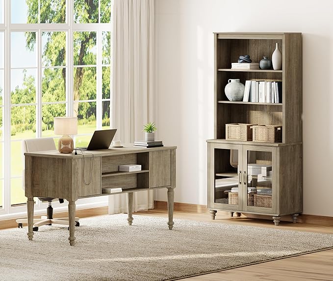 WAMPAT Home Office Furniture Set, 56'' Executive Desk with Charging Station, 72" Tall Bookcase with 2 Glass Doors, Wood Computer Desk with File Cabinet Storage, Open Shelf, Wash Grey