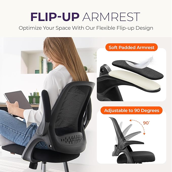 NEO CHAIR Office Desk Gaming Ergonomic Computer Chair with Lumbar Back Support Adjustable Height Swivel Rolling Wheels Flip-up Arms Mesh Chair for Home Vanity (Black)