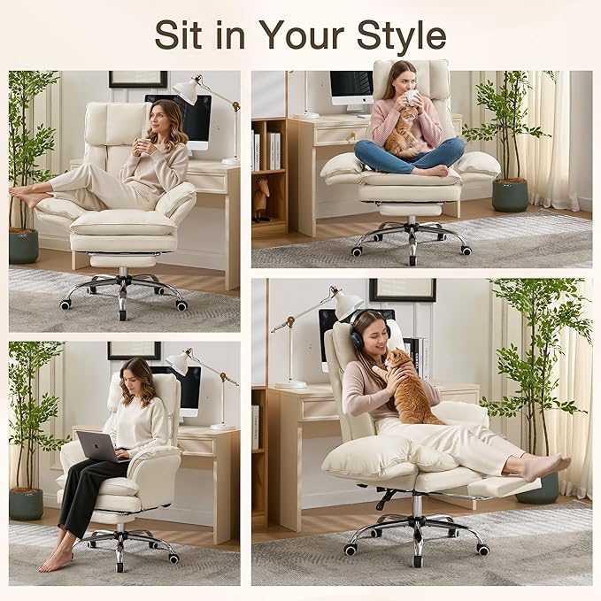 Ergonomic Cloud Cross Legged Office Chair with Footrest,Leather Big and Tall Executive Chair with Wheels,Reversible Armrest,155° Reclining Computer Wide Desk Chair for Home,Office (Beige)
