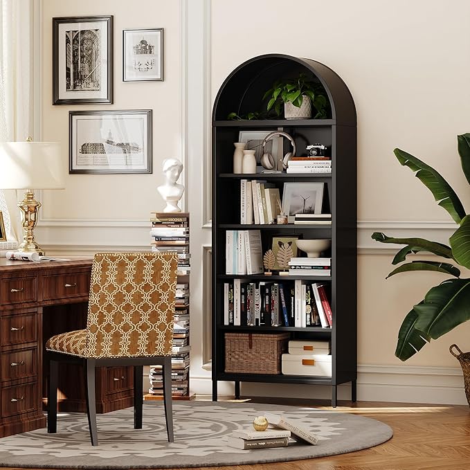 VEXPOR 73" Tall Arched Bookcase Cabinet, 6-Tiers Metal Black Arched Bookshelf for Home Office, Living Room, Assembly Required,13.78" D x 27.56" W x 72.83" H