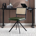 Zesthouse Rattan Desk Chair No Wheels, Mid Century Modern Home Office Chair with Cane Mesh & Wooden Back, Vintage Faux Leather Swivel Accent Chair, Upholstered Armless Computer Task Chair,Green