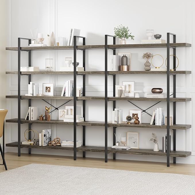 OtterOasis Bookshelf Set, Heavy Duty 5-Tier Industrial Bookcase, 47" Wide Wood Bookshelf for Home Office, 120lbs Shelf Capacity, Rustic Open Display with Horizontal Shelf for Living Room Bedroom, Grey