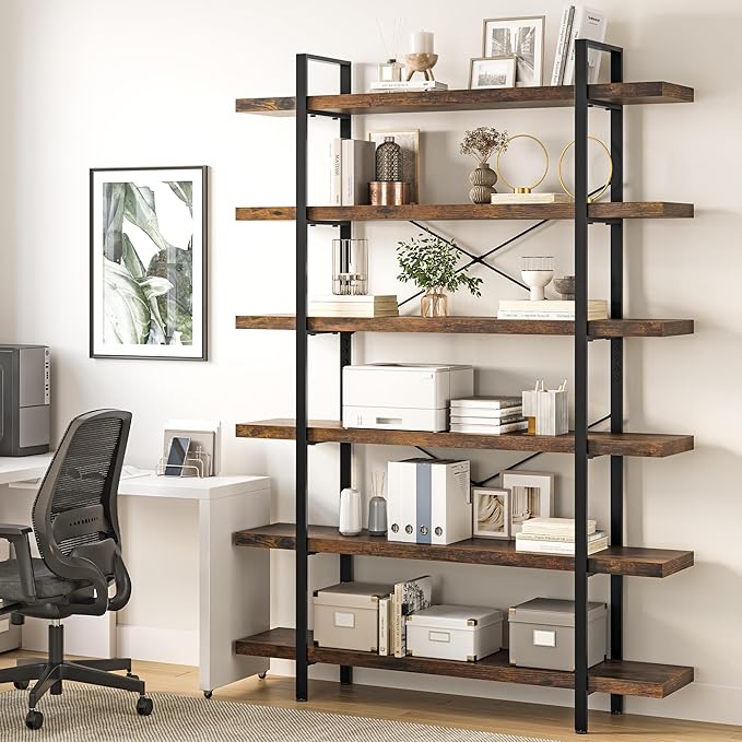 OtterOasis Bookshelf Set of 2, Heavy Duty 6-Tier Industrial Bookcase, 47" Wide Wood Bookshelf for Home Office, 120lbs Shelf Capacity, Rustic Open Display with Horizontal Shelf for Living Room Bedroom