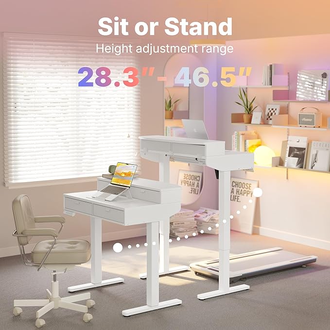 HUANUO 32 x 20 inch Electric Standing Desk with 4 Drawers, Adjustable Height Sit Stand Home Office Desk, C-Clamp Mount Compatible, Ergonomic Stand up Desk with 4 Preset Heights, White