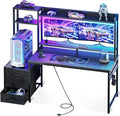 Casaottima 55 Inch Gaming Desk with Hutch & 3 Fabric Drawers, Computer Desk with USB Ports & LED Lights, Reversible Pc Gamer Table with Monitor Stand for Home Office, Carbon Fiber Black