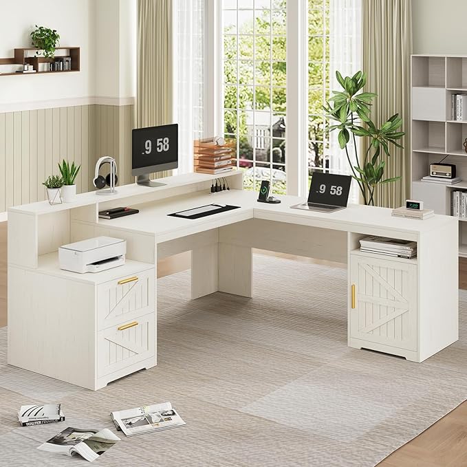YOMILUVE 63" Farmhouse L Shaped Executive Desk with Drawers & Storage Shelf, Corner Computer Desk with Power Outlets, L Shaped Office Desk with Monitor Stand, Printer Shelf, White