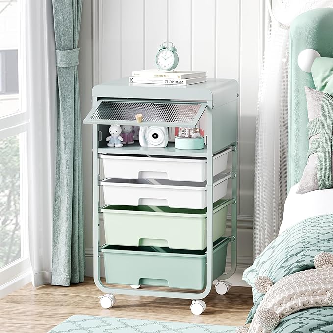 SYKIARIOL Utility-Rolling-Storage-Drawer-Craft-Cart-Organizers with 4 Drawers & Dust-proof Door for Kid Craft Art Room,Bedroom,Home Office, 4 Tiers Drawer cart, Green