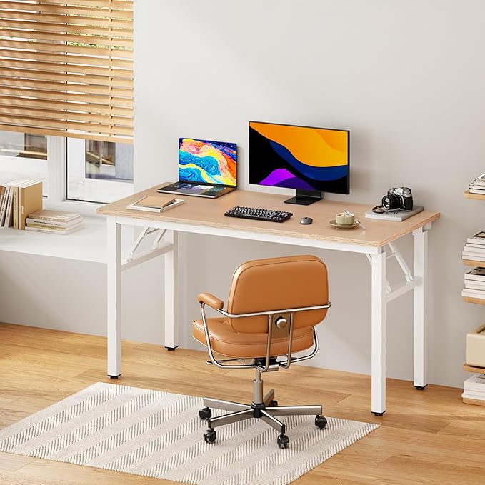 DlandHome 47 inches Folding Table Computer Desk Portable Activity Conference Table Home Office Desk, Fully Assembled Pink Oak Destop with White Frame
