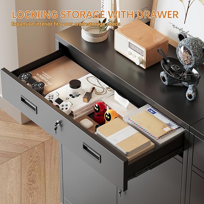 Metal Storage Cabinet with 1 Drawer, 36" H Locking Storage Cabinet, Metal Cabinets with Doors and Shelves for Home, School, Office, Garage, Black