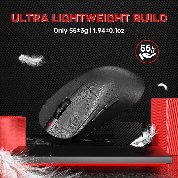 A.JAZZ Ajazz AJ199 Wireless Gaming Mouse Ultra-Lightweight 55g Tri-Mode Connection 24000 DPI PAW3311 Sensor Carbon Fiber Shell 500mAh Battery 1K Polling Rate Durable & Anti-Slip Design Black