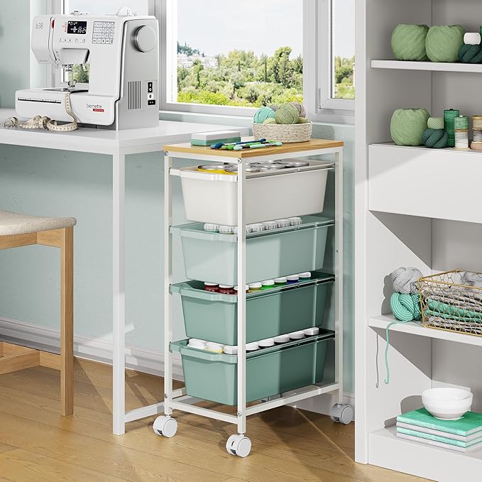 Rolling Storage Cart with 4 Drawers, Craft Organizer, Wooden Tabletop Utility Cart for Bedroom, Children's Room and Office Organization, Table Side Trolley with Lockable Wheels, Green