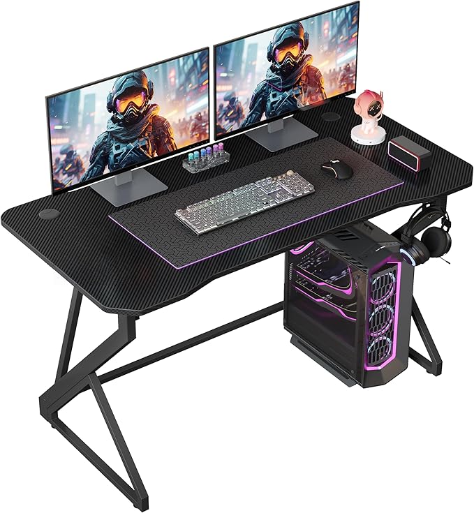 Grandder Gaming Desk Z Shaped 47 Inch Gamer Workstation, Home Computer Carbon Fiber Surface Gaming Desk PC Table with Headphone Hook, Carbon Fiber Black