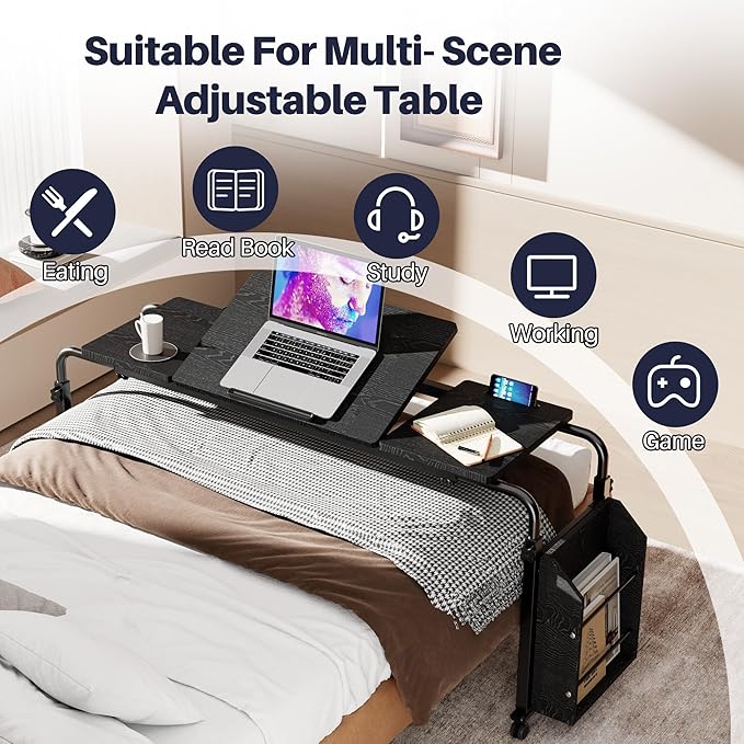 Overbed Table with Wheels, Tilting Overbed Desk Adjustable Height & Length, Queen Over Bed Table with Storage Cabinet, Rolling Laptop Desk for Bedroom, Living Room, Hospital (Black, 47.24in)