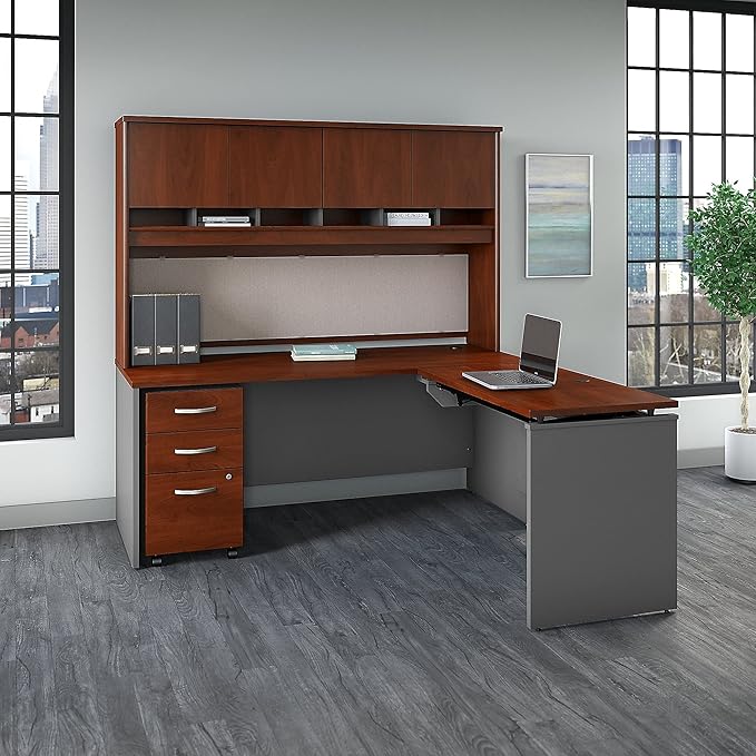 Bush Business Furniture Series C 72W x 30D 3 Position Sit to Stand L Shaped Desk with Hutch and Mobile File Cabinet in Hansen Cherry/Graphite Gray