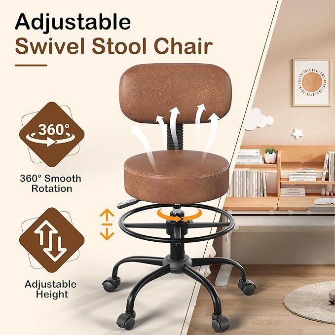 Drafting Chair with Back Support, Adjustable Foot Rest Rolling Stool, 360° Swivel Office Desk Chair with Wheels, Thick Seat Cushion for Home Bar Salon Tattoo Shop (2, Brown)