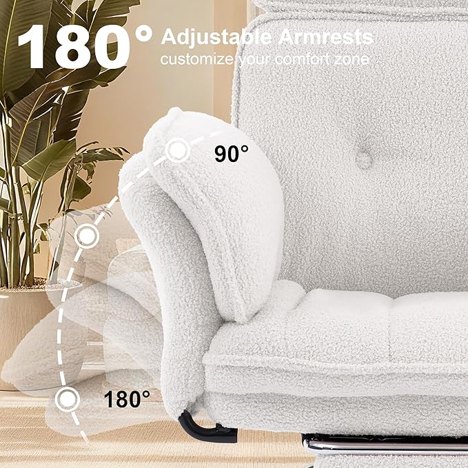 Criss Cross Chair with Wheels, Extra Wide Cross Legged Office Chair with Flip-Up Armrests & Footrest, Ergonomic Teddy Fleece Swivel Desk Chair with Adjustable Headrest for Home Office & Vanity White