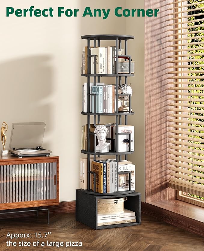 Kalrin 5 Tier Rotating Bookshelf with Extra Storage Cabinet, 360°Spinning Corner Bookshelf, Floor Standing Bookcase for Kids & Adult, Narrow Book Shelf for Bedroom Living Room, Pure Black