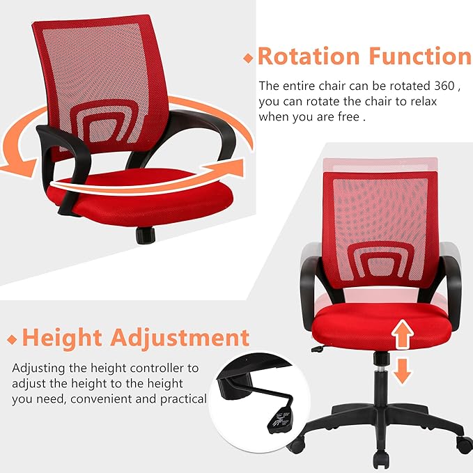PayLessHere Home Office Desk Computer Chair - Adjustable Ergonomic With Lumbar Support, Armrest, High Density Mesh, 360 Degree Swivel for Adults (Pack of 2, Red)