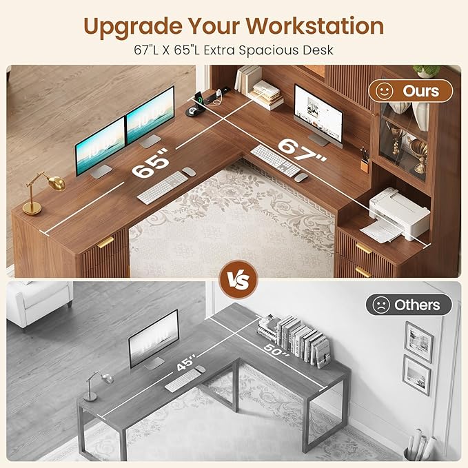 SEDETA 67" x 65" L Shaped Desk with Hutch, RGB LED Corner Computer Desk with Power Outlets, Fluted Home Office Desk with File Drawer, Storage & Glass Display Cabinets for Gaming & Working, Brown