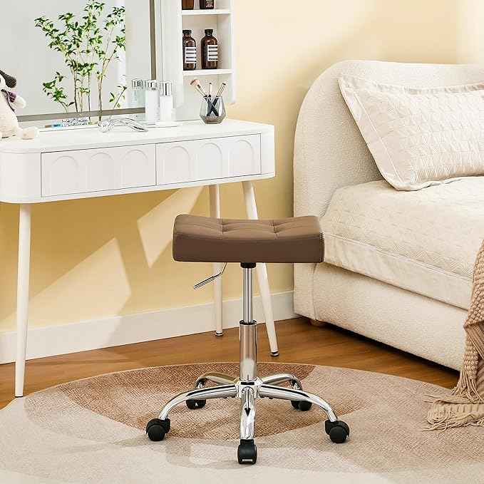 FIRAVOE Vanity Stool with Wheels (Adjustable Height 17-21 inch) (300lbs Capacity) Faux Leather Nail Tattoo Vanity Massage Stool (Coffee Brown)