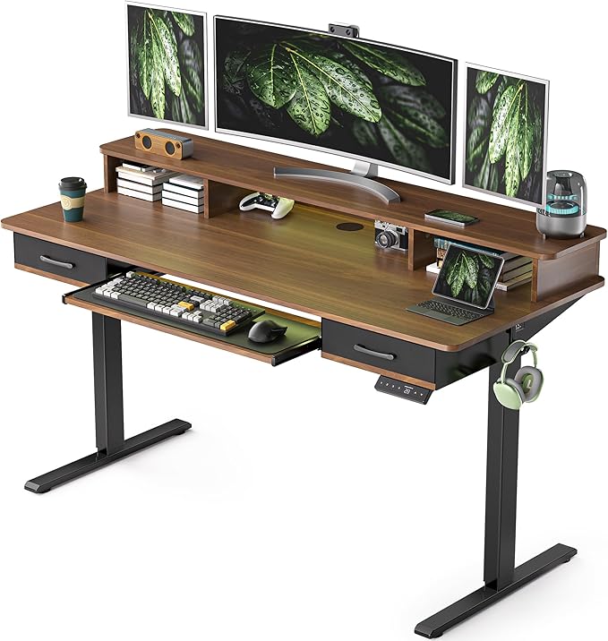 WALKINGDESK 63 Inches Electric Standing Desk with Keyboard Tray, Height Adjustable Sit to Stand Table with 2 Drawers, Ergonomic Home Office Desk with Storage Shelf, Computer Table, Black Walnut