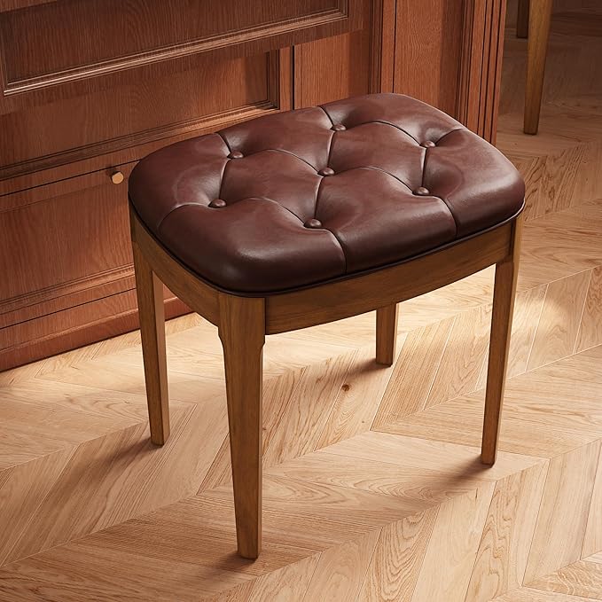 Flip Top Wood Makeup Vanity Desk Set with Mirror, Small Vintage Dressing Vanity Table Set with 2 Drawers & Matching Padded Bench Stool Writing Desk with Button Tufted Cushioned Stool, Cherry&Wine Red