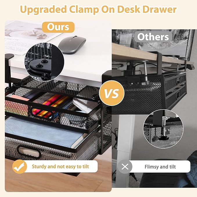 Under Desk Drawer Organizer with 2 Slide Out Drawers – No Drilling Metal Clamp-On Storage, Anti-Slip Desk Drawer Attachment for Home & Office Desktop Organization (Black)