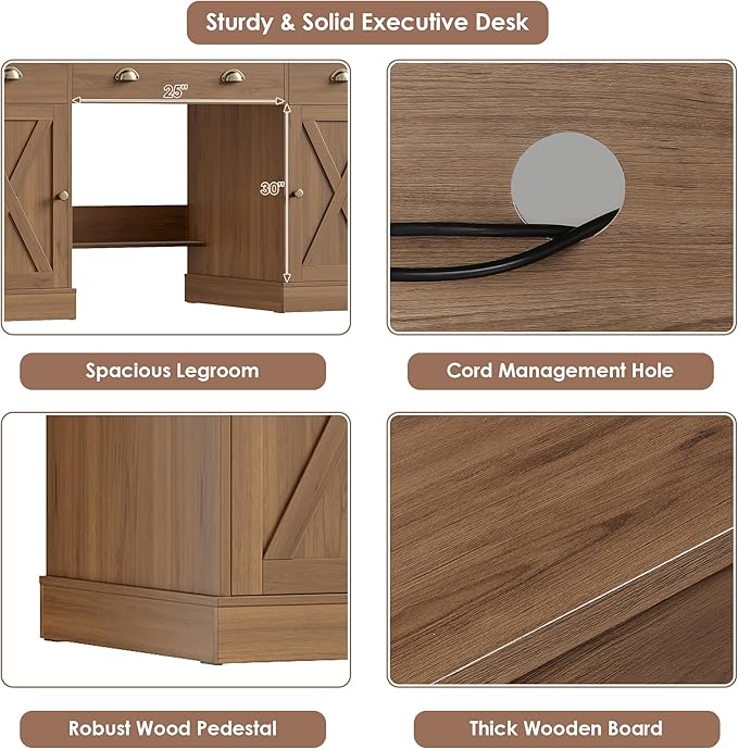 Keyluv 75" Executive Desk with Hutch and Drawers, Computer Desk with Glass Door and Storage Cabinet, 63" W Large Farmhouse Workstation for Home Office Study Writing Gaming Table, Brown