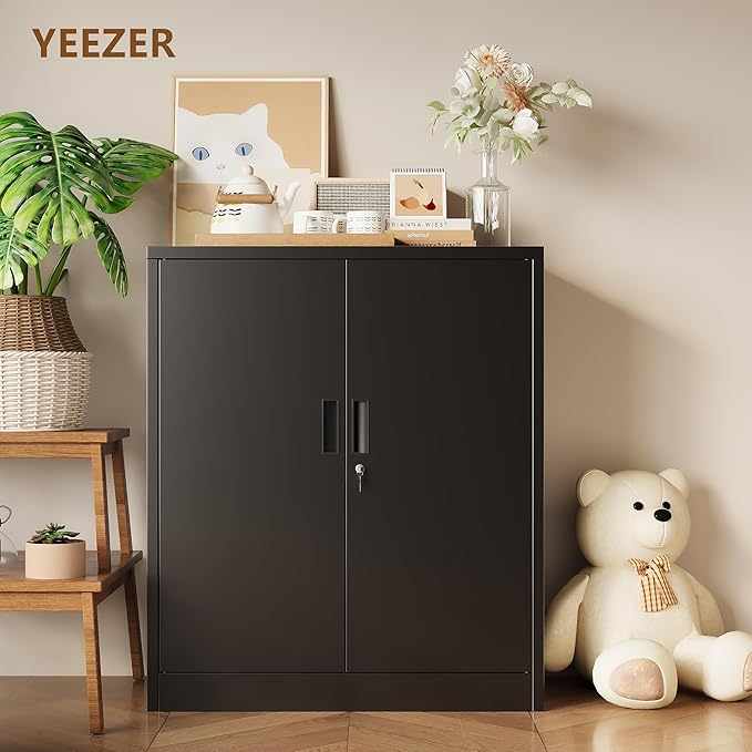 Metal Storage Cabinet, 36" H Locking Storage Cabinet, Metal Cabinets with Doors and 2 Adjustable Shelves for Home, School, Office, Garage, Black