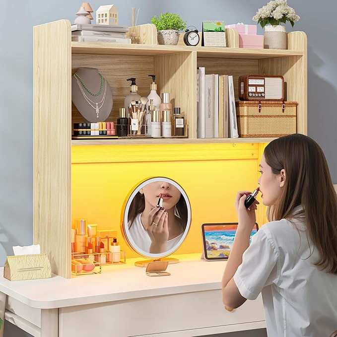 REIBII Desk Hutch Dorm for Computer Monitor Up to 27", Dorm Desk Hutch Top Only with RGB Light Strip, Wooden Desktop Bookshelf with 6 Shelves, 3-Tier Desktop Shelf for Home Office Dorm, Wood Color